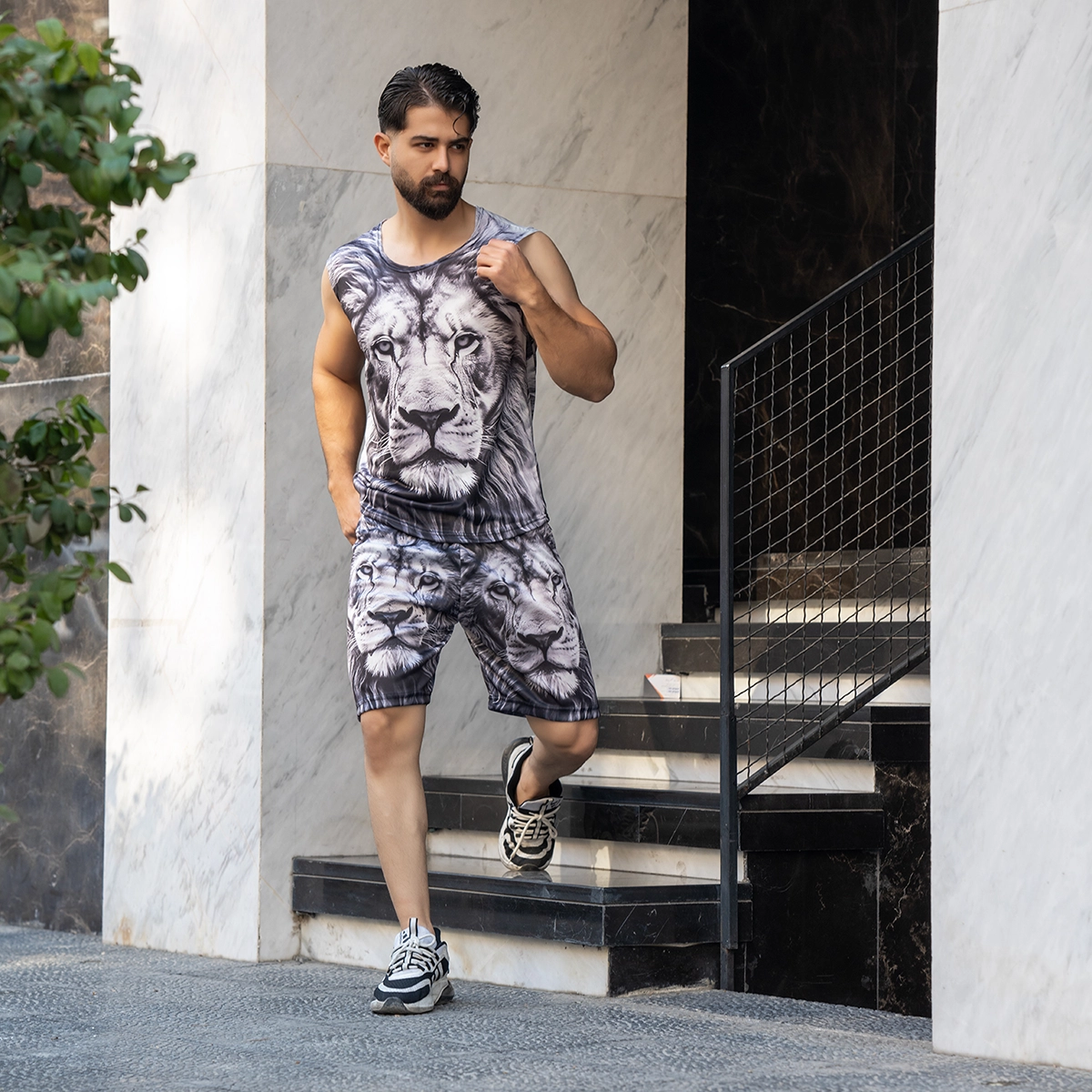 ست رکابی شلوارک مردانه طرح شیر سیاه و سفید