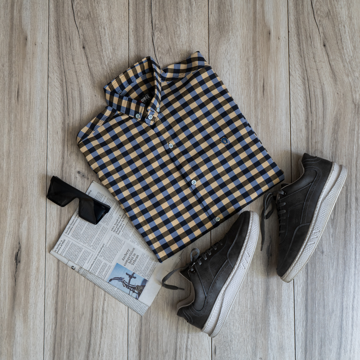 پیراهن شطرنجی زرد مردانه مدل Crown