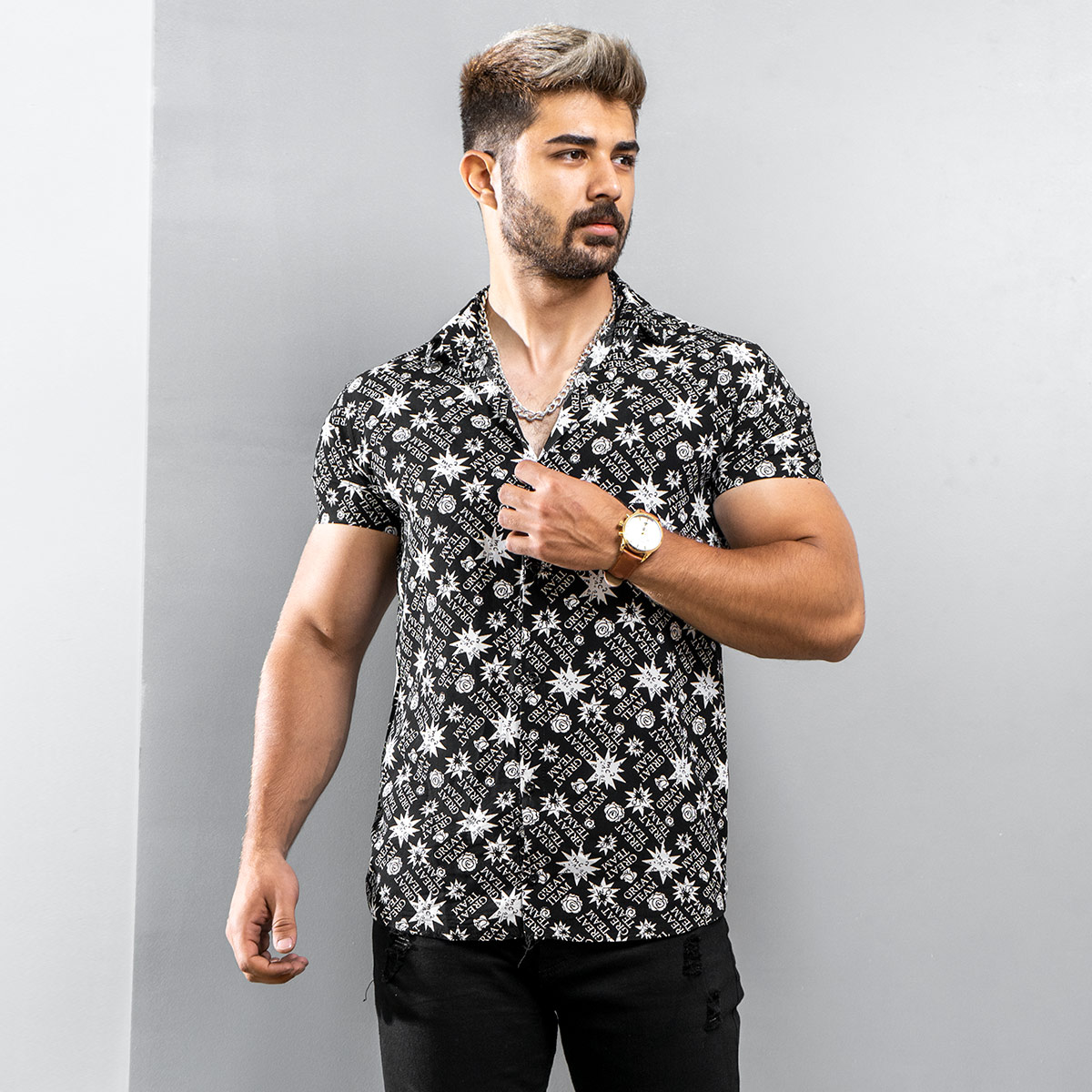 پیراهن هاوایی مردانه مدل GREAT TEAM