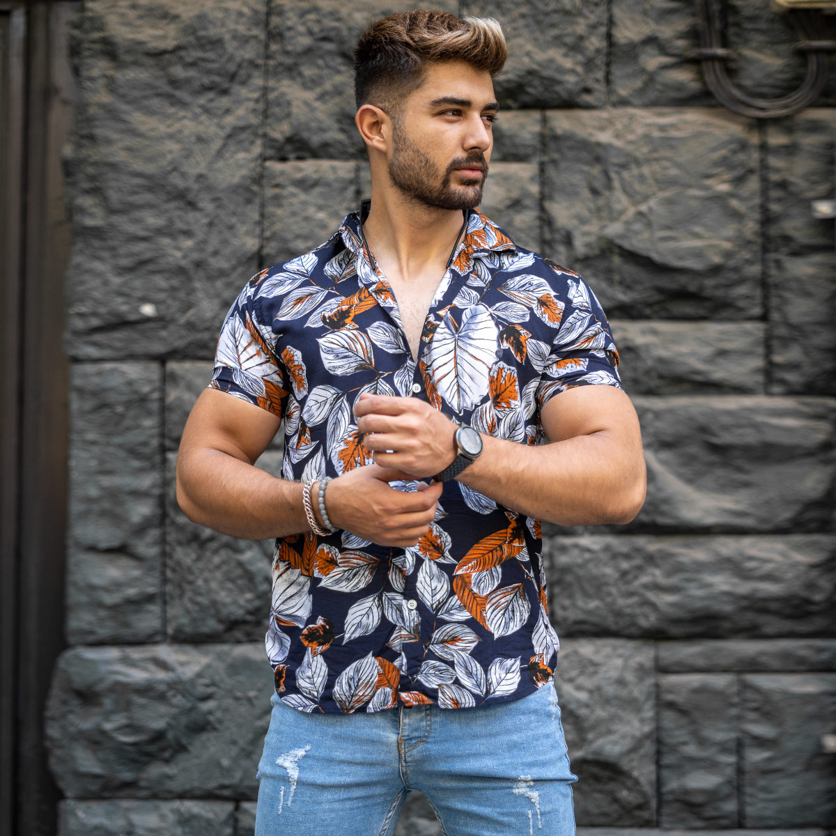 پیراهن هاوایی مردانه سرمه ای مدل Dena