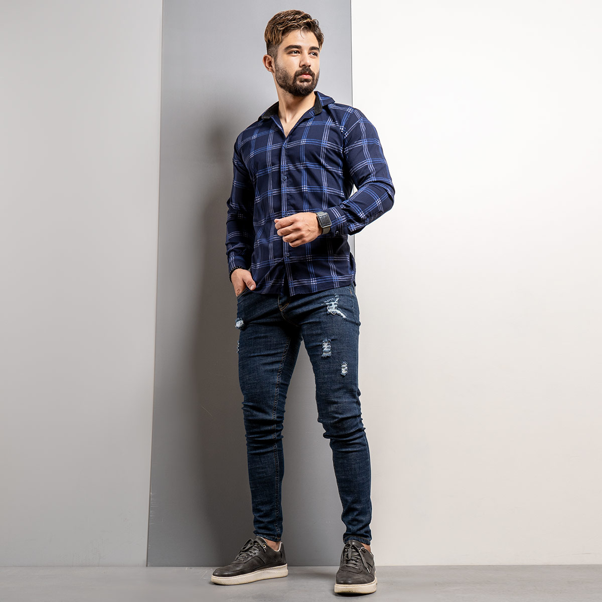 پیراهن چهارخونه(T) سرمه‌ای مردانه مدل Siyam