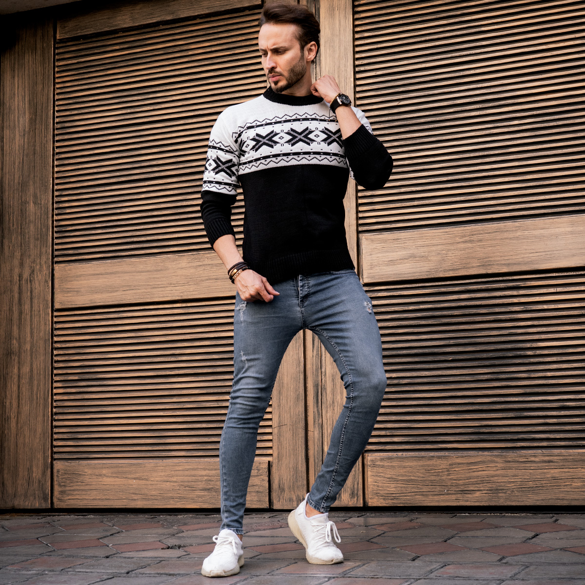 پلیور بافت مردانه سفید مشکی مدل Borna