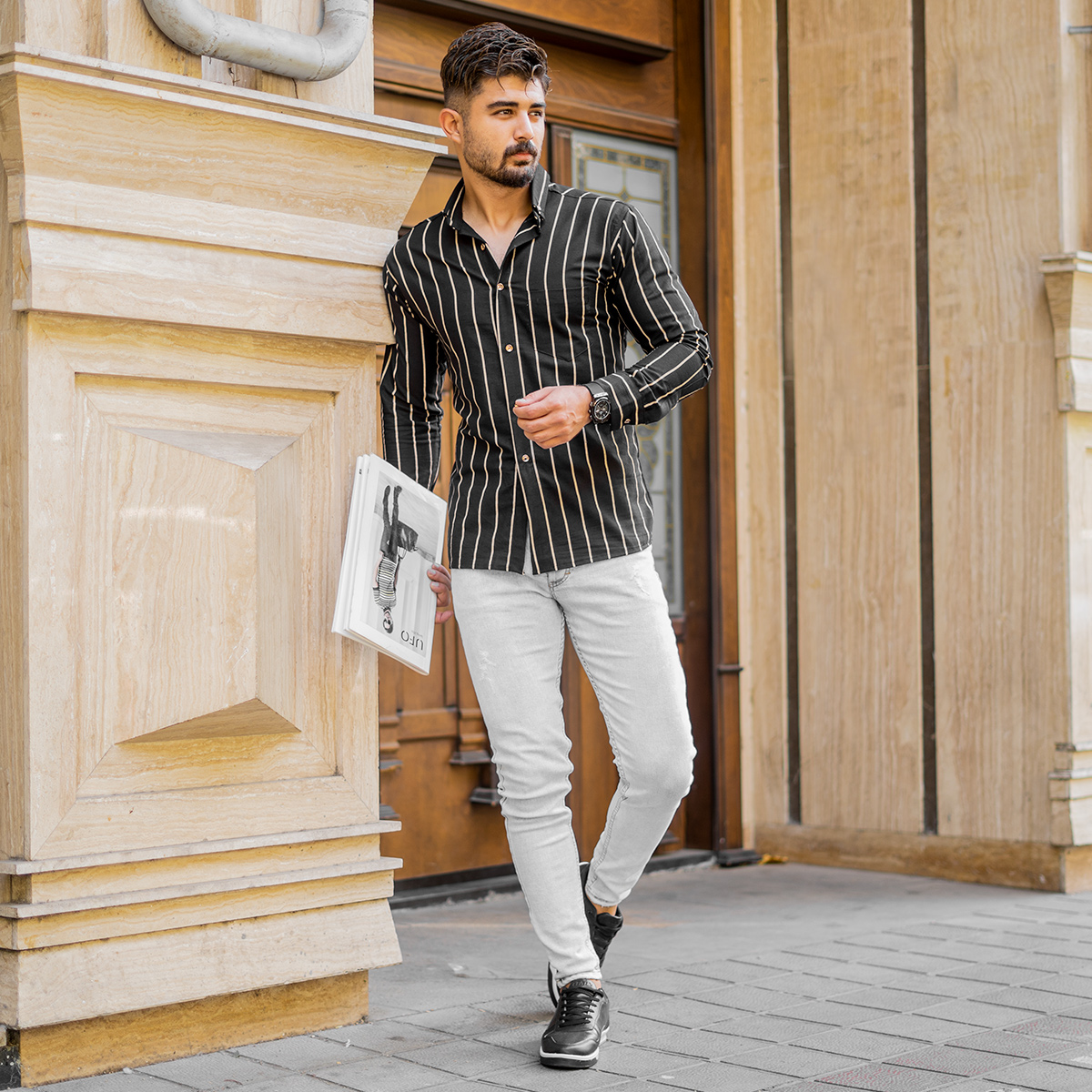 پیراهن مردانه راه راه کرم (T) مدل Rabino